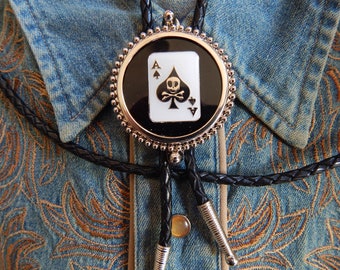 New Exclusive Ace of Spades Black/White Playing Card Skull Bolo Bootlace Tie Silver Colour Metal Ladies Men