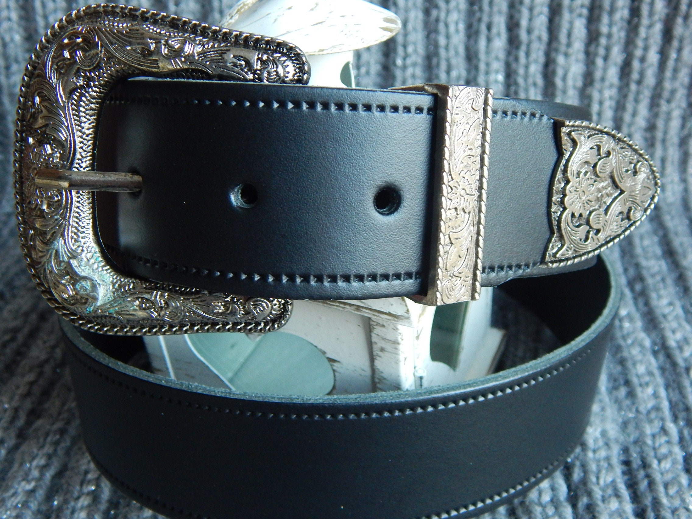 Black Leather Western Belt with Decorative Silver Buckle Black Leather Western Belt With Silver Buckle and Tip US  main image 4