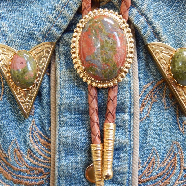 New Unakite Semi Precious Stone Bolo Bootlace Tie And Collar Tips Set Gold Coloured Metal Tan/Brown Leather Cord Wedding Groom