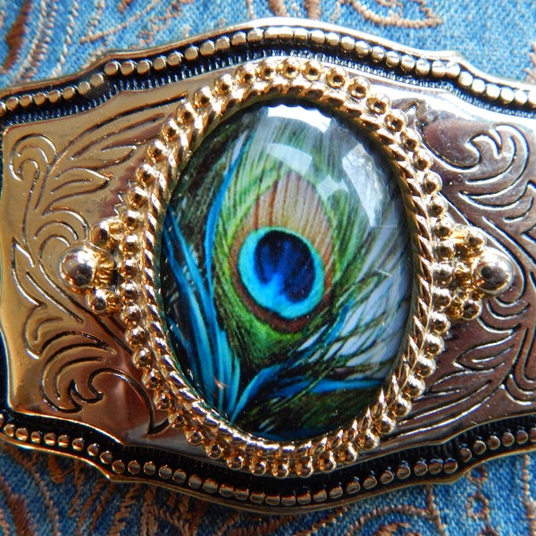 New Peacock Feather pattern Belt Buckle Gold coloured Metal Wedding Groom Ladies Men Boho