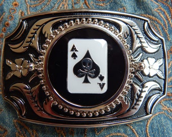 New High Quality Ace of Spades Playing Card Skull Belt Buckle Silver/Black Metal Western  Ladies Mens