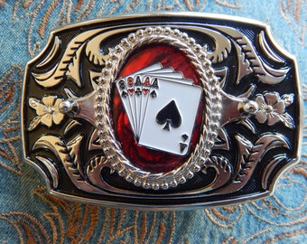 New  Full House Ace of Spades Playing Cards Red Abalone Belt Buckle Silver / Black Coloured Metal  Western Magician