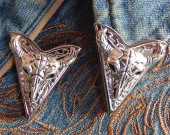 New Animal Bull Skull Head Pair of Collar Tips Silver Coloured Metal Goth Western Ladies Men