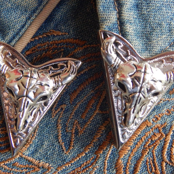 New Animal Bull Skull Head Pair of Collar Tips Silver Coloured Metal Goth Western Ladies Men