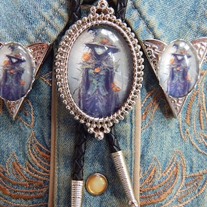 Gothic Lady Bolo Tie & Collar Tips Set: Silver Color Metal, Leather Cord