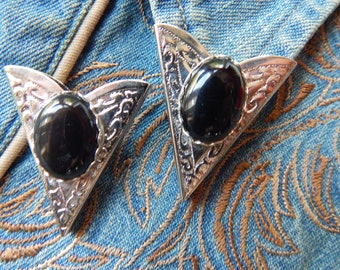 New Exclusive Black Onyx Stone Silver Coloured Metal Pair of Collar Tips Western  Goth Ladies Men Wedding