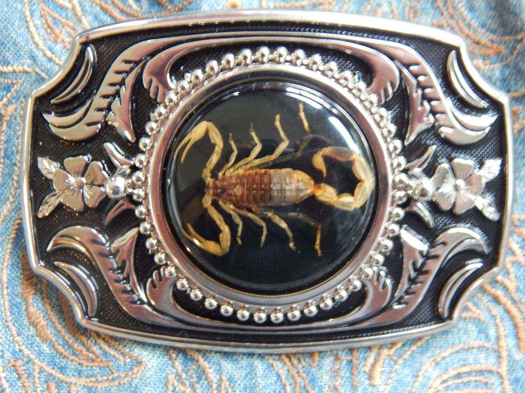 Embossed Scorpion Belt Buckle: Silver Black Metal, Western Goth