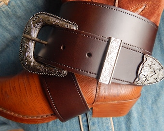 New Brown Leather  Belt with Antique Silver Metal 3 Piece Buckle Set Sizes 28" to 44" Waist S M L XL 40MM Ladies Men Wedding Groom