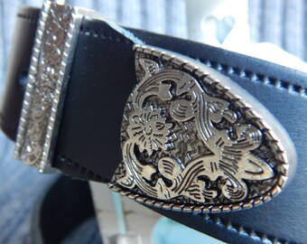 New Black Leather Western Belt With Antique Silver Metal 3