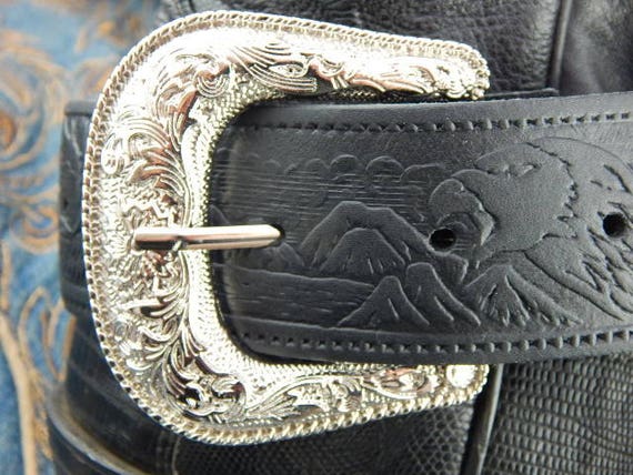 Black Leather Western Belt: Eagle Embossed Silver Buckle Set  display picture 1