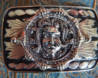 Vintage CODE AZURE Black Genuine Leather Medusa Logo Belt  display picture 2