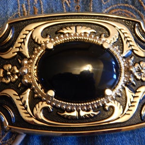 New Exclusive Black Onyx Semi Precious Stone Belt Buckle Gold / Black Metal Western  Ladies Mens Wedding Groom