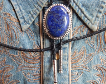 Large Lapis Lazuli Bolo Tie: Silver Metal Western Bootlace Tie