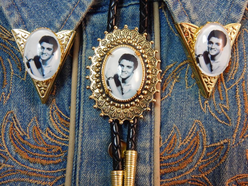 Handcrafted in the UK Elvis Presley Bolo Bootlace Tie and Collar Tips Set Gold Coloured Metal Wedding Groom Ladies Mens
