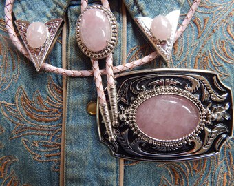 New Beautiful Rose Pink Quartz  Bolo Bootlace Tie Belt Buckle & Collar Tips Set Pink Leather Cord  Silver Metal  Ladies Men Wedding Groom