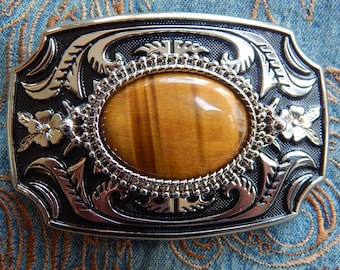 Tigers Eye Belt Buckle: Silver & Black Metal, Western Style
