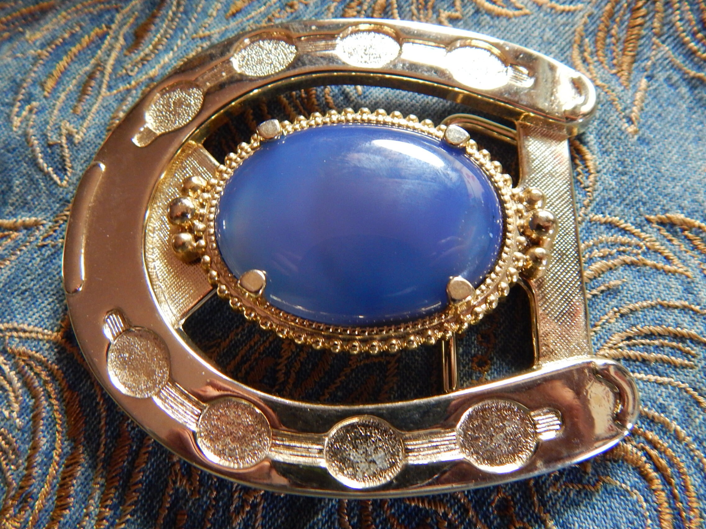 NEW GENUINE BLUE LAPIS LAZURI STONE BELT BUCKLE GOLD//BLACK METAL,WESTERN GOTH