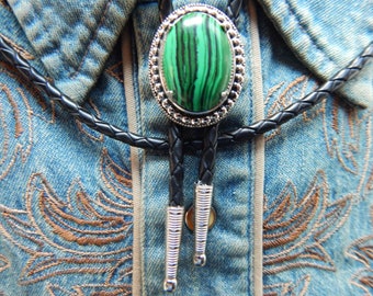 New Green Malachite Silver Coloured Metal Bolo Bootlace Tie Western Ladies Men Boho Wedding Groom