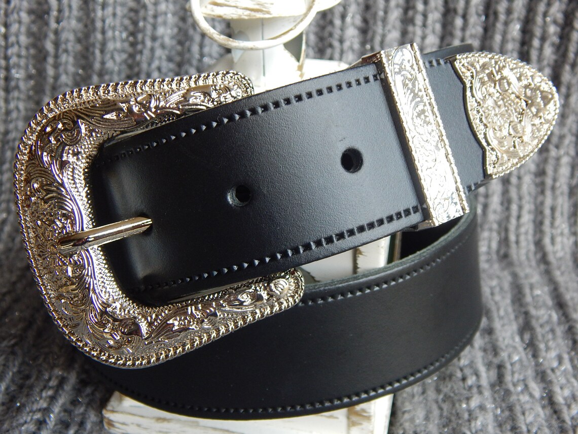 Black Leather Western Belt: Bright Silver Metal Buckle, Interchangeable ...