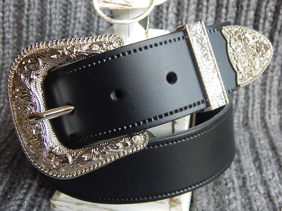 New Black Leather Western Belt With Bright Silver Metal 3 
