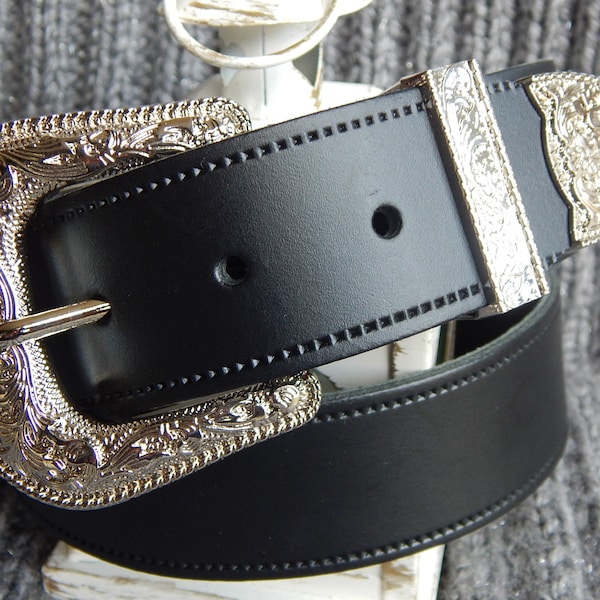 New  Black Leather Western Belt with Bright Silver Metal 3 Piece Buckle Set Sizes 28"- 44" Waist S M L XL 40MM Ladies Men Weddings