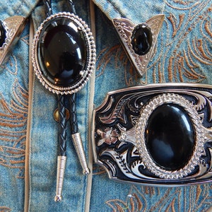 Black Onyx Western Bolo Tie, Belt Buckle & Collar Tips Set