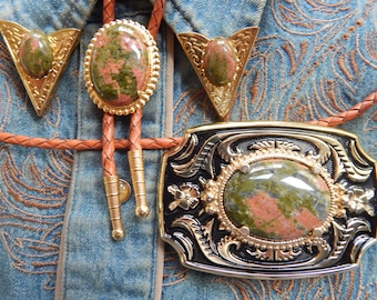 New Unakite Coral/Sage stone Belt Buckle, Bolo Bootlace Tie And Collar Tips Set Gold Colour Metal Wedding Groom  Ladies Men