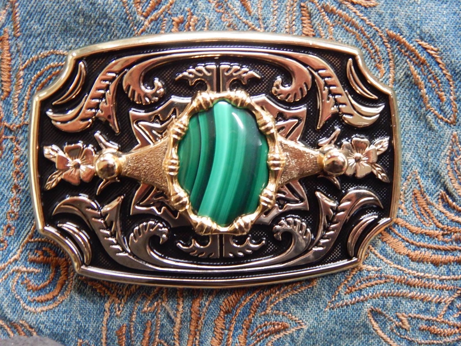 Natural Malachite Stone Belt Buckle: Gold & Black Metal  display picture 1