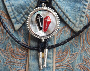 New Red & Black Coffins, Mother Of Pearl, Bolo Bootlace Tie Silver Coloured Metal Goth Wedding Funeral Ladies Men