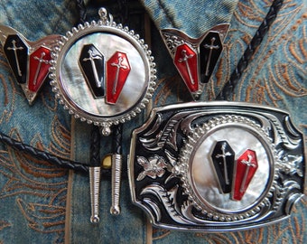 New Red & Black Coffins, Mother of Pearl, Belt Buckle, Bolo Bootlace Tie And Collar Tips Set Silver Coloured Metal Goth Wedding Funeral