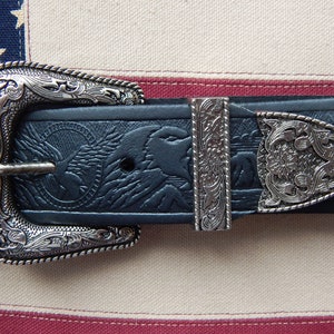 New Black Leather Western Belt Size 46" to 48” Waist  2XL With Antique Silver colour Metal 3 Piece Buckle Set 40MM wide