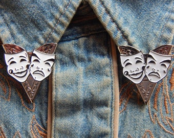 New Comedy and Tragedy Masks Greek Muses Silver Colour Metal Pair of Collar Tips Ladies Men