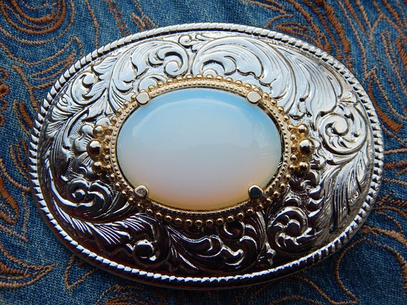 Opalite Stone Belt Buckle: Silver Metal Western Style - Etsy display picture 2