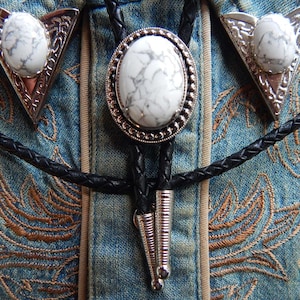 White Howlite  Bolo Tie & Collar Tips Set Silver coloured metal Wedding Black Cord