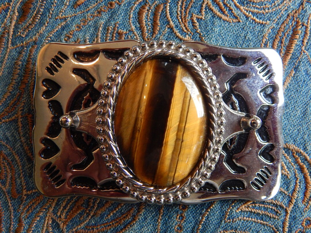 New Exclusive Tigers Eye Stone Belt Buckle Silver Metal  display picture 3