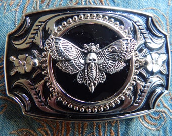 New Death Hawk Skull Moth Belt Buckle Silver / Black Coloured Metal Western Goth Halloween Ladies Men