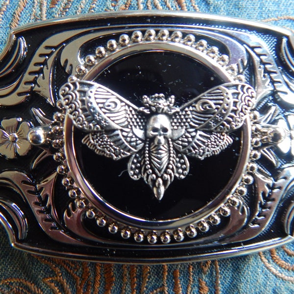 New Death Hawk Skull Moth Belt Buckle Silver / Black Coloured Metal Western Goth Halloween Ladies Men