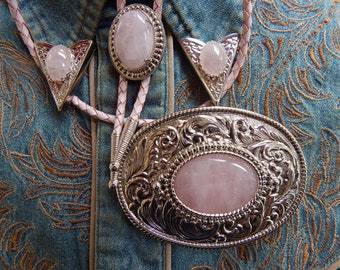 New Rose Quartz Stone Oval Belt Buckle, Bolo Bootlace Tie Wth Soft Pink Leather Cord And Collar Tips Set Silver Coloured Metal Wedding Groom