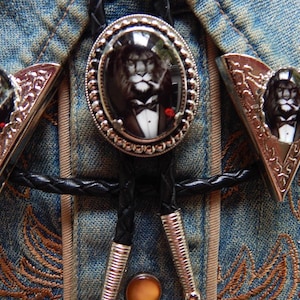Lion in Tuxedo Bolo Tie & Collar Tips Set - Silver Color Metal