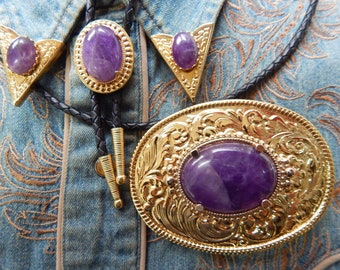 New Unique Purple Amethyst Stone Oval Belt Buckle, Bolo Bootlace Tie And Collar Tips Set Gold Coloured Metal Wedding Groom Western