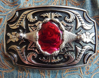 New Red Abalone Shell  Silver Colour Metal Belt Buckle  Western Ladies Men Wedding Groom