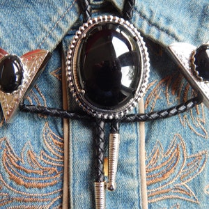Black Onyx Bolo Tie & Collar Tips Set: Western Wedding Jewelry