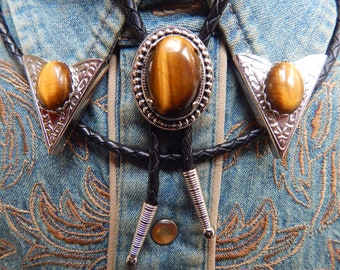 New Golden Tigers Eye Stone  Bolo Bootlace Tie and Collar Tips Set Silver Colour Metal Wedding Groom Ladies Men Western