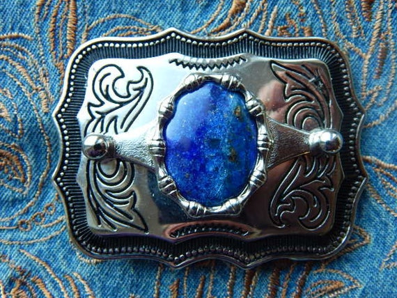 NEW GENUINE BLUE LAPIS LAZURI STONE BELT BUCKLE GOLD//BLACK METAL,WESTERN GOTH