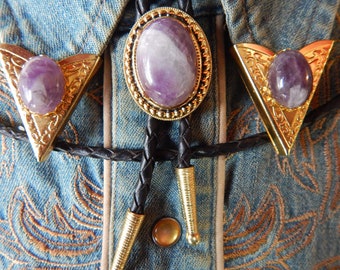 New Unique Purple Amethyst Stone Bolo Bootlace Tie And Collar Tips Set Gold Colour Metal Wedding Groom  Ladies Men