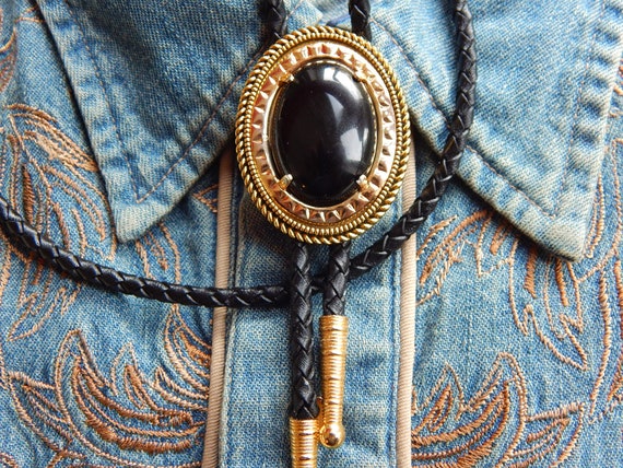 NEW LARGE BLACK ONYX BOLO BOOTLACE TIE AND COLLAR TIPS SET,SILVER METAL,WESTERN