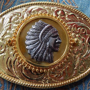 New Native Red Indian Head, Oval Belt Buckle Gold Colour Metal  Ladies Men Wedding Groom