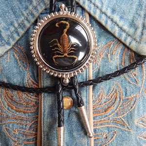Scorpion Bolo Tie: Silver Metal, Black Leather Cord - Goth Halloween