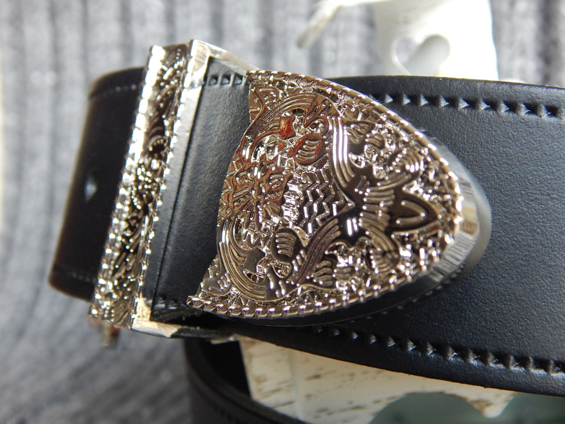 Black Leather Western Belt: Bright Silver Metal Buckle, Interchangeable ...