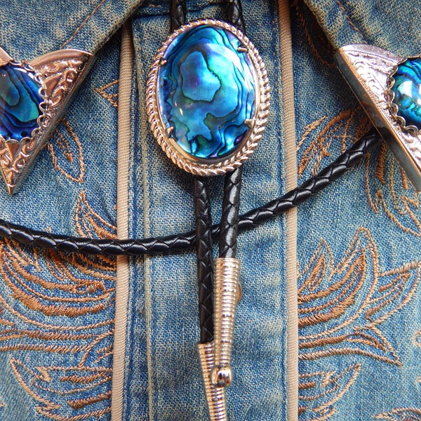 New  Blue Abalone Shell Bolo Bootlace Tie and Collar Tips Set Silver Colour Metal Western Ladies Men Wedding Groom